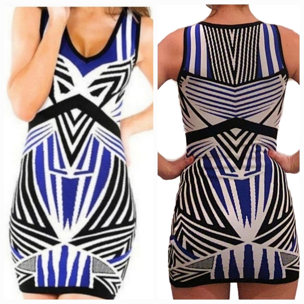 Small Petite Wow Couture Geometric Pattern Blue Black and White Mini Dress